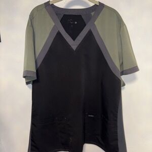 Sanibel Scrubs Ladies Size 2XL Scrub Top Black ,Gray & Green Short Sleeve V Neck